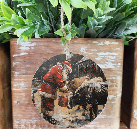 Santa With Cows Wood Ornament, Feathered Farmhouse