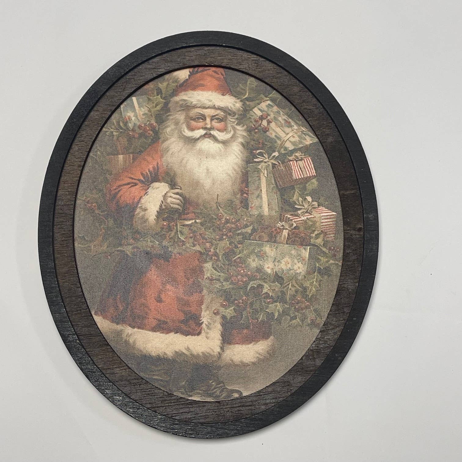 Santa with Holly Oval Framed Canvas Print, Feathered Farmhouse