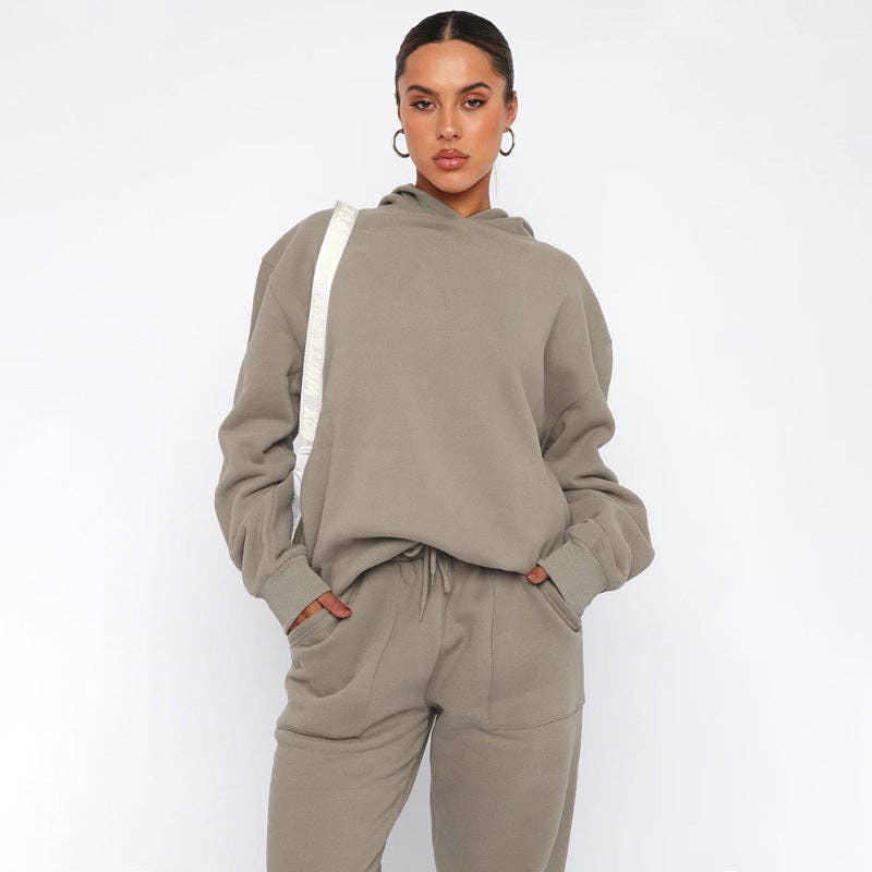 Solid Color Hoodie and Pants Set