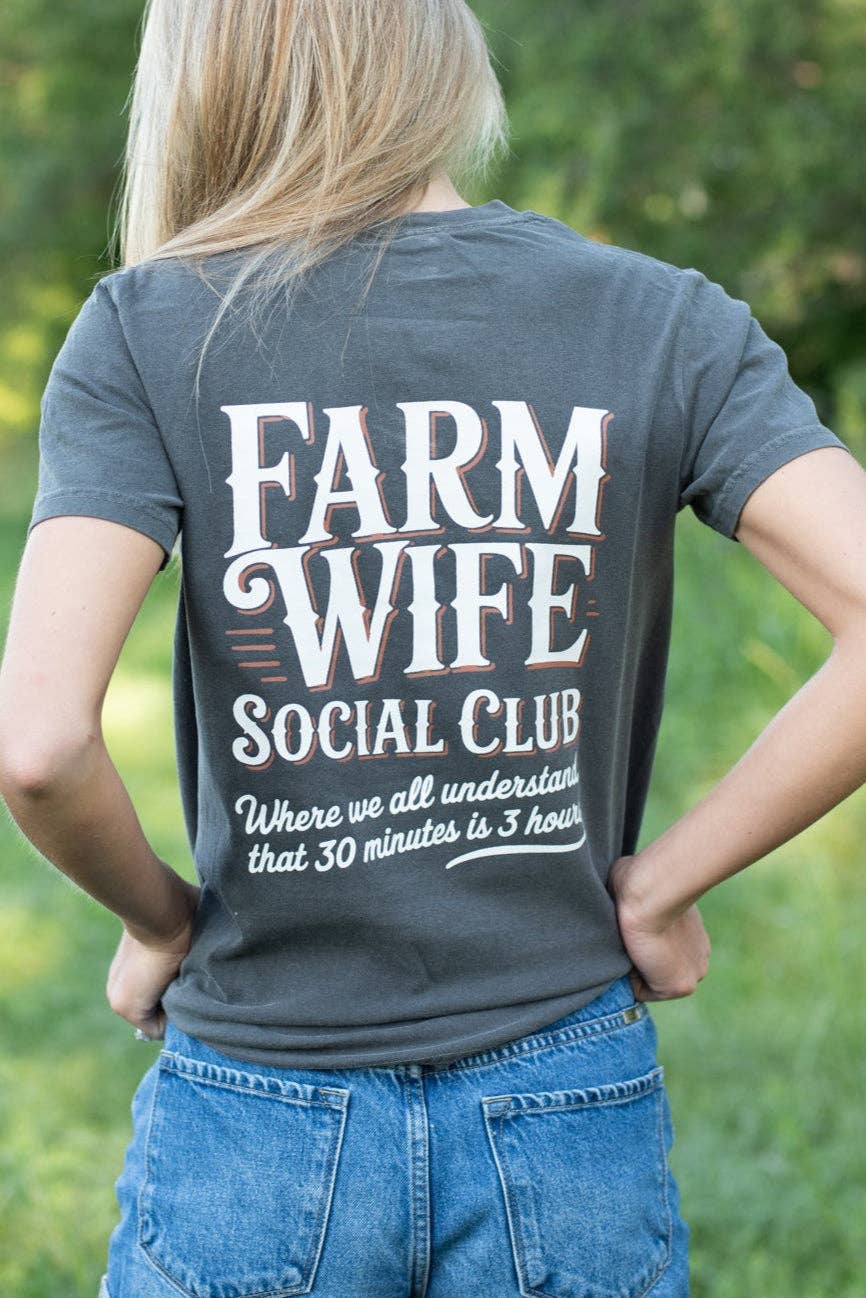 Western 'Farm Wife Social Club' Charcoal Graphic Women's Tee, Feathered Farmhouse