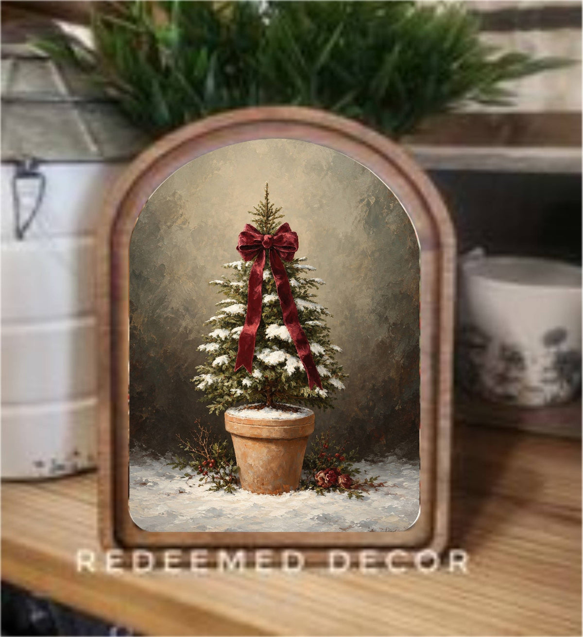 Tree With Bow Framed Arch Top, Feathered Farmhouse