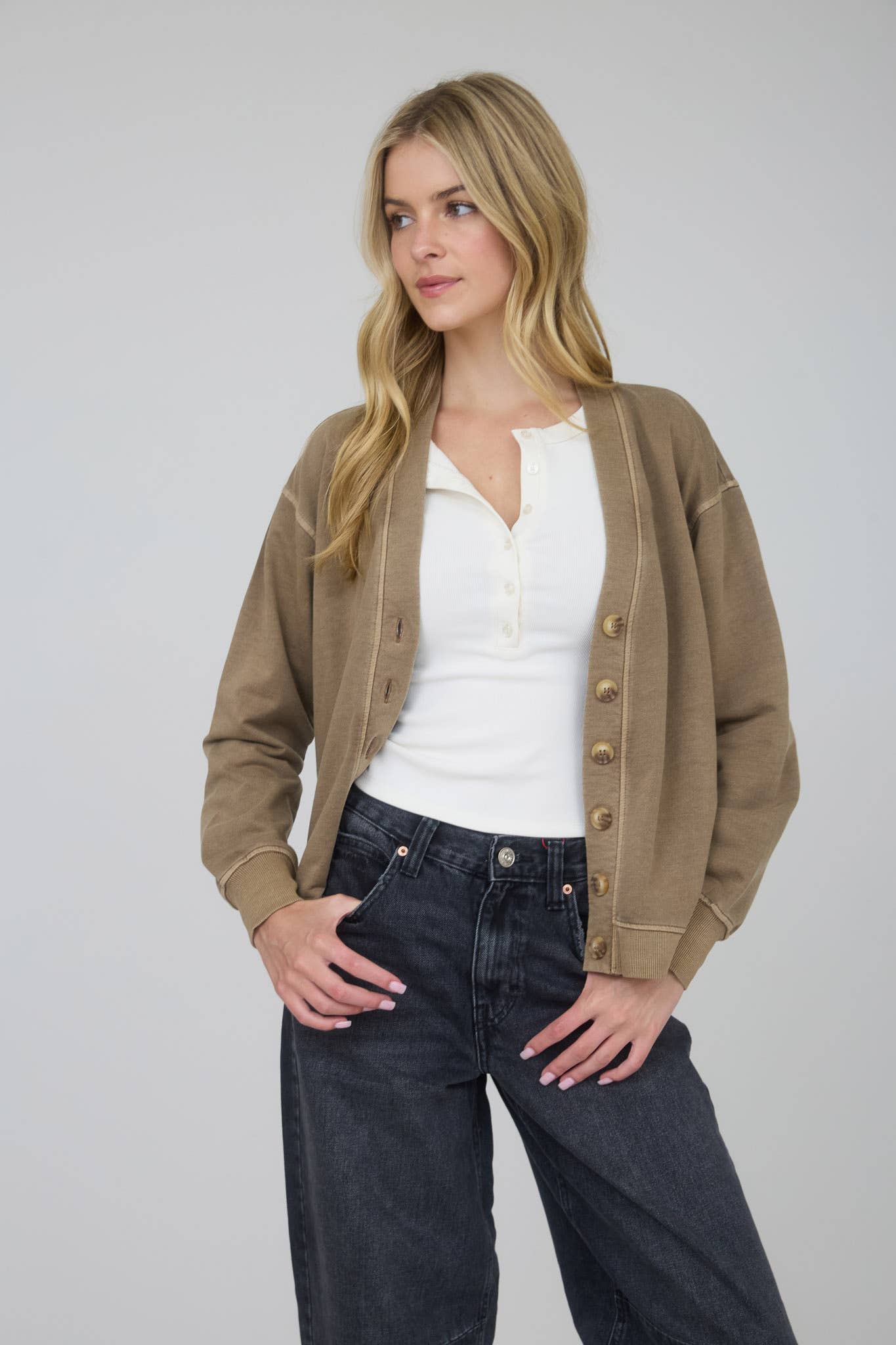 Brown Washed Cardigan, Feathered Farmhouse