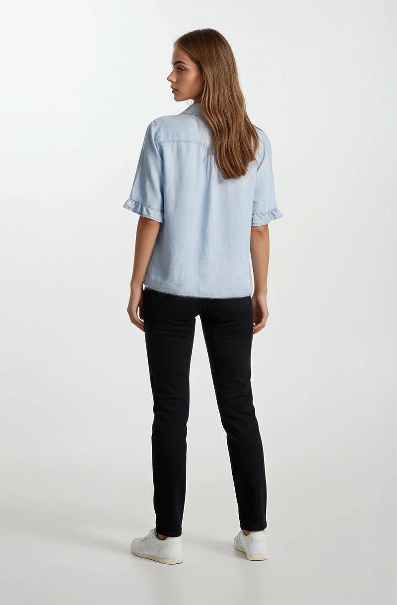 Light Wash Denim Ruffle Shirt