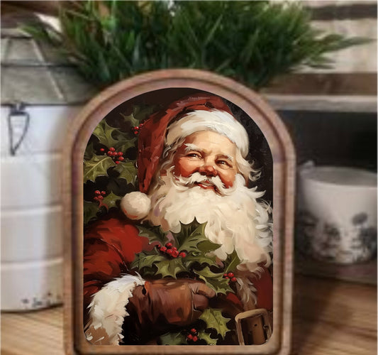 Vintage Santa Framed Art Arch Top, Feathered Farmhouse