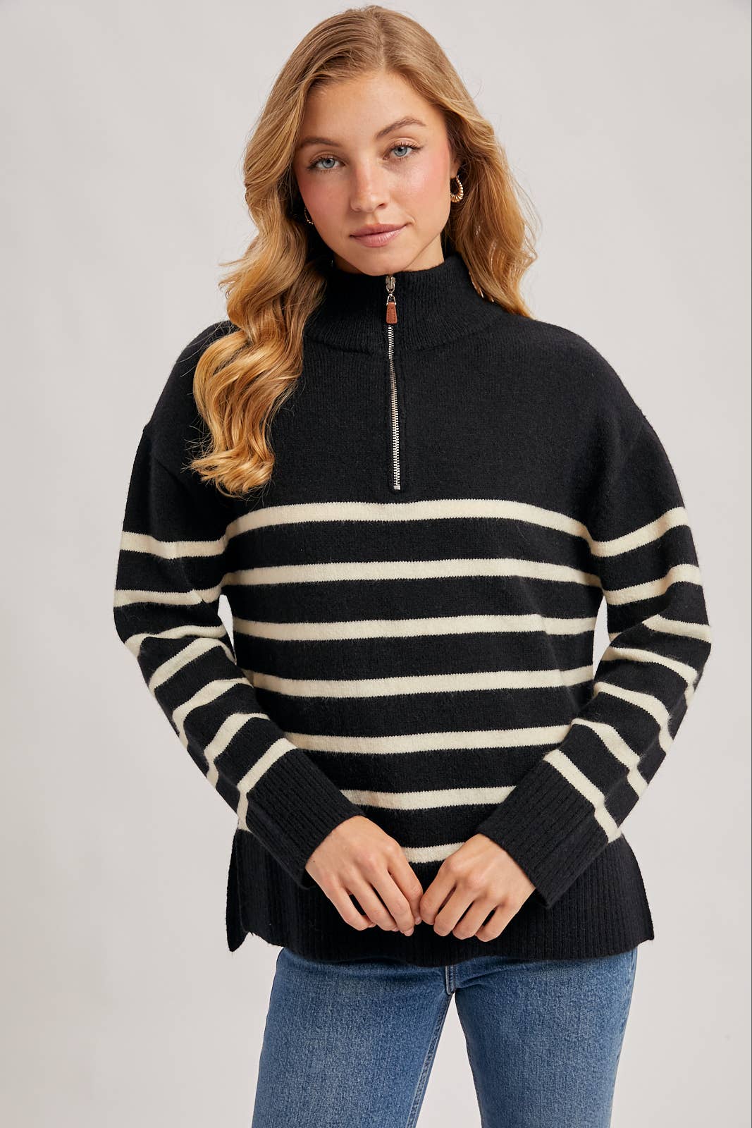 Quarter Zip Up Stripe Sweater, Feathered Farmhouse