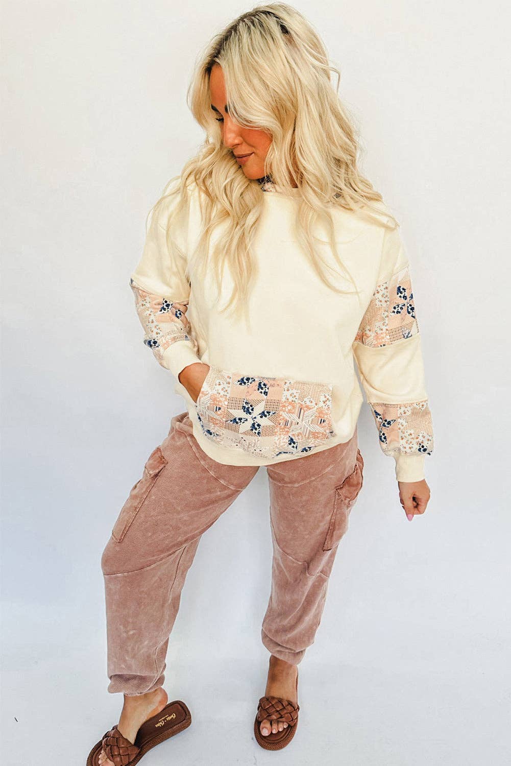Beige Western Geo Pattern Patchwork Hoodie with Kangaroo Pocket, Feathered Farmhouse