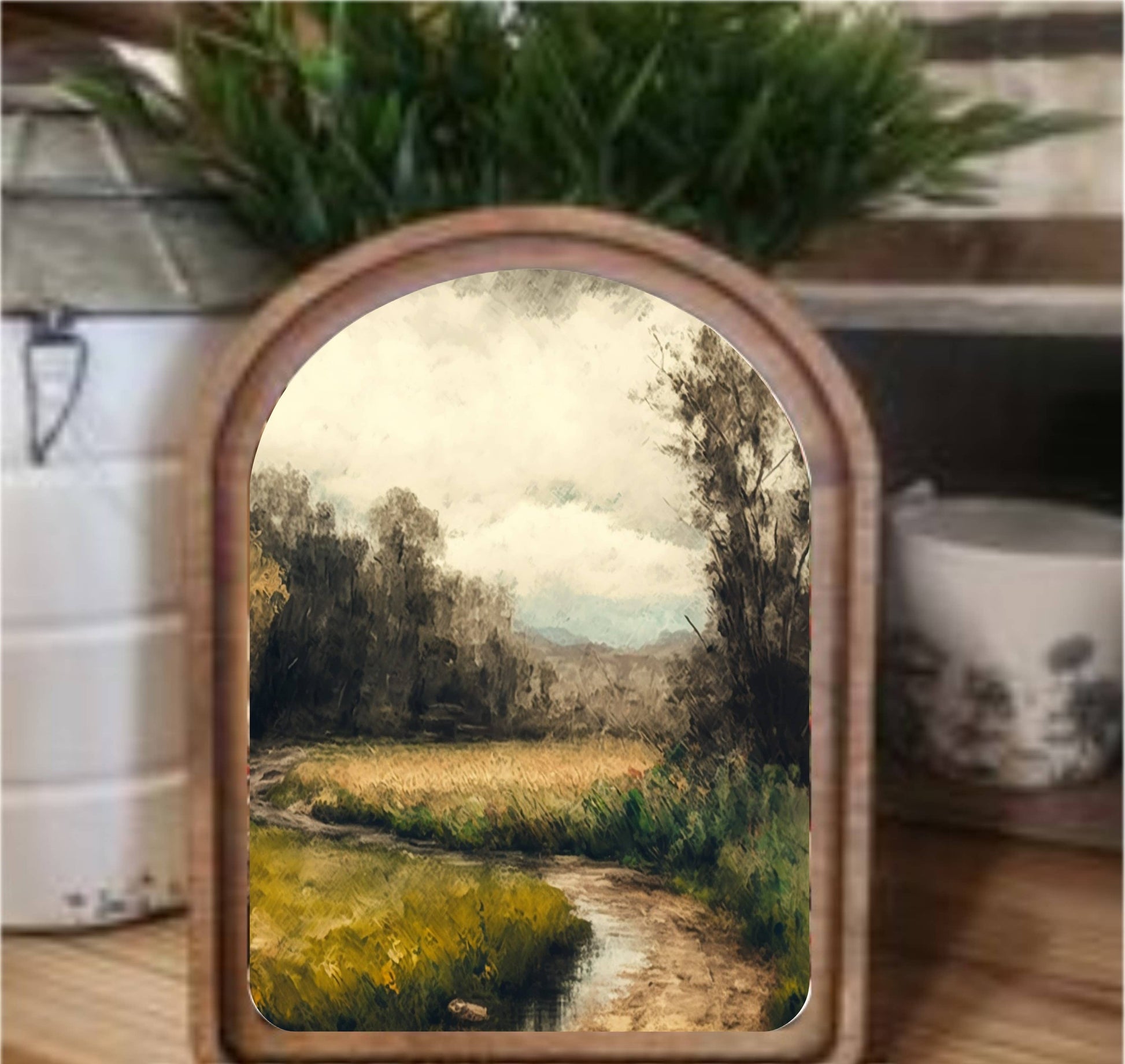 Moody Dirt Road Framed Art Arch Top, Feathered Farmhouse