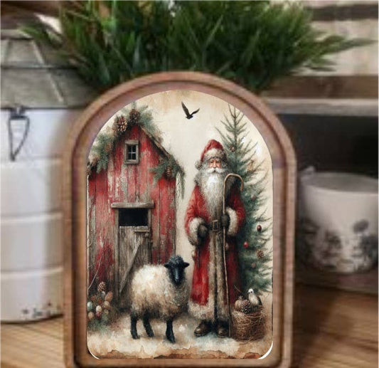 Santa Sheep Framed Art Arch Top, Feathered Farmhouse