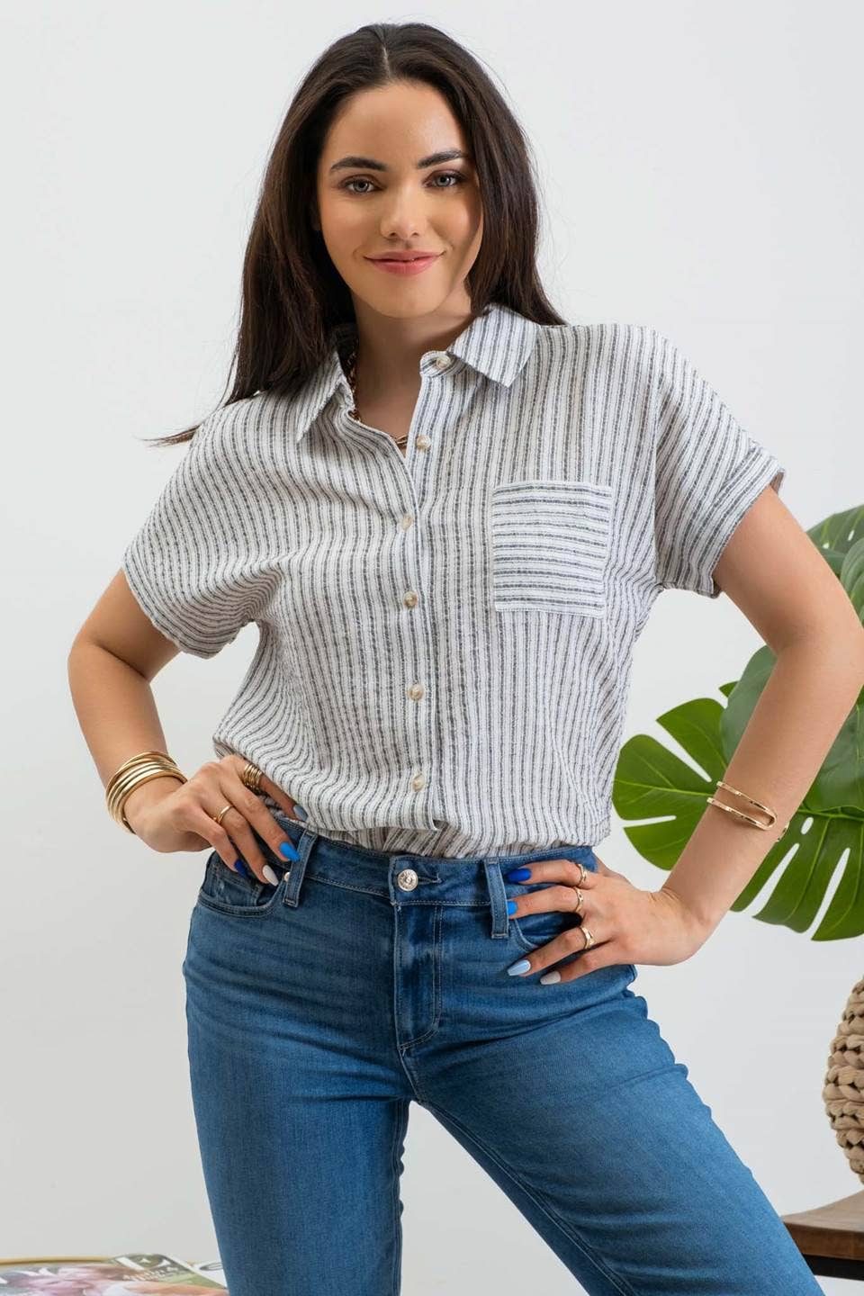 Black Stripe Collared Shirt, Feathered Farmhouse