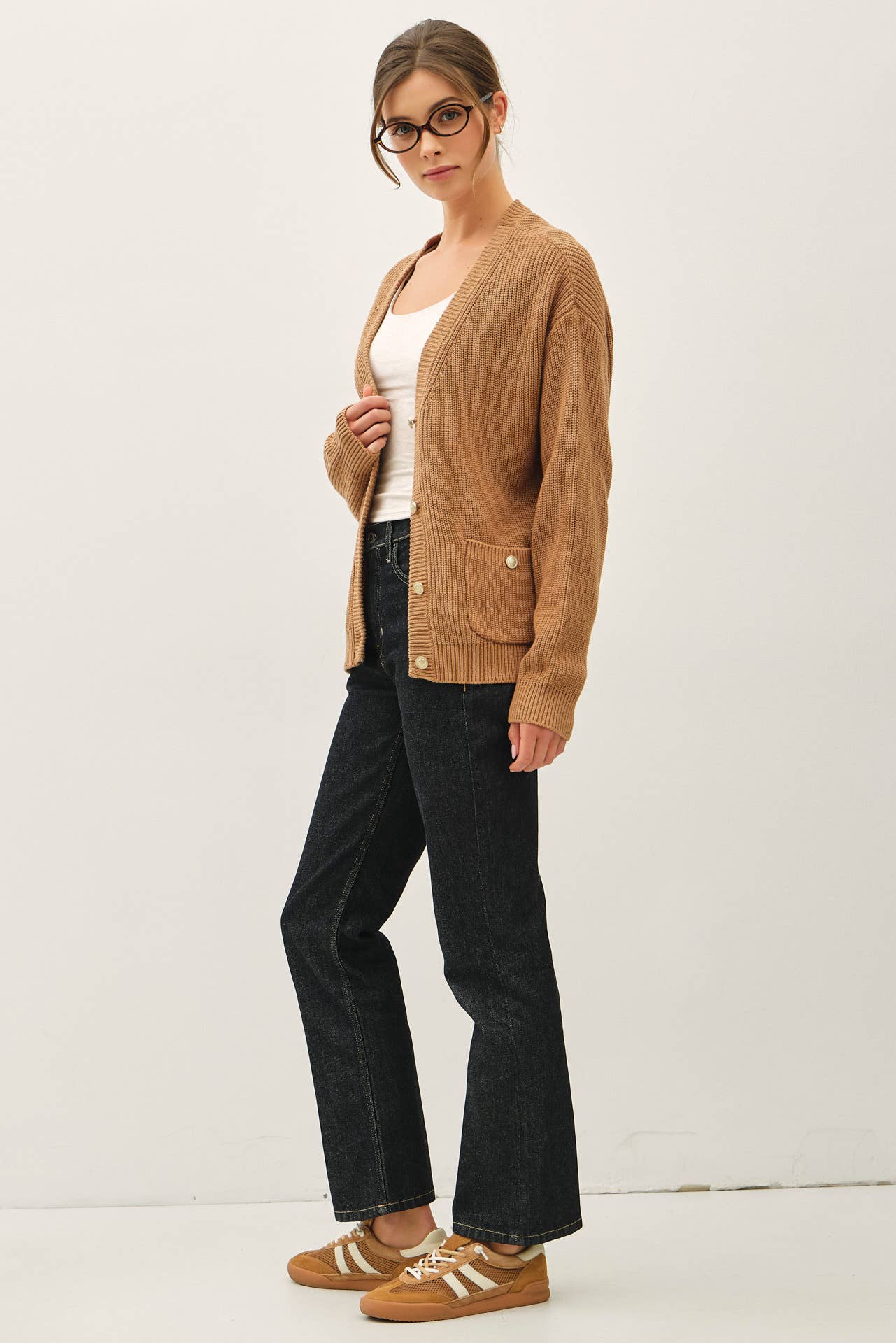 Mocha Varsity Style Cardigan, Feathered Farmhouse