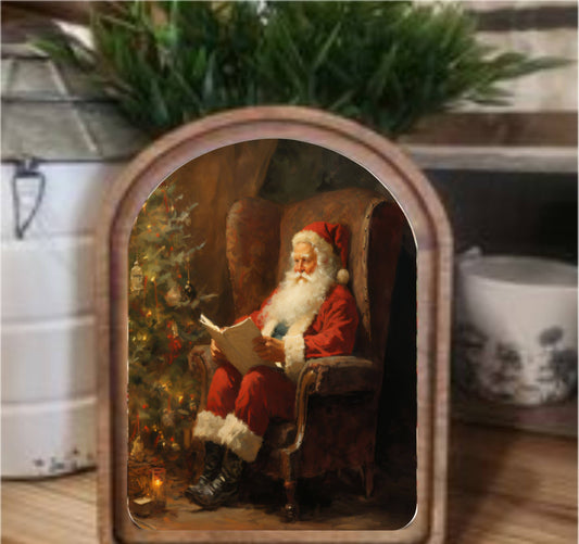 Santa Reading Framed Art Arch Top, Feathered Farmhouse