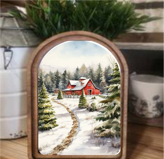 Christmas Tree Farm Barn Framed Art Arch Top, Feathered Farmhouse