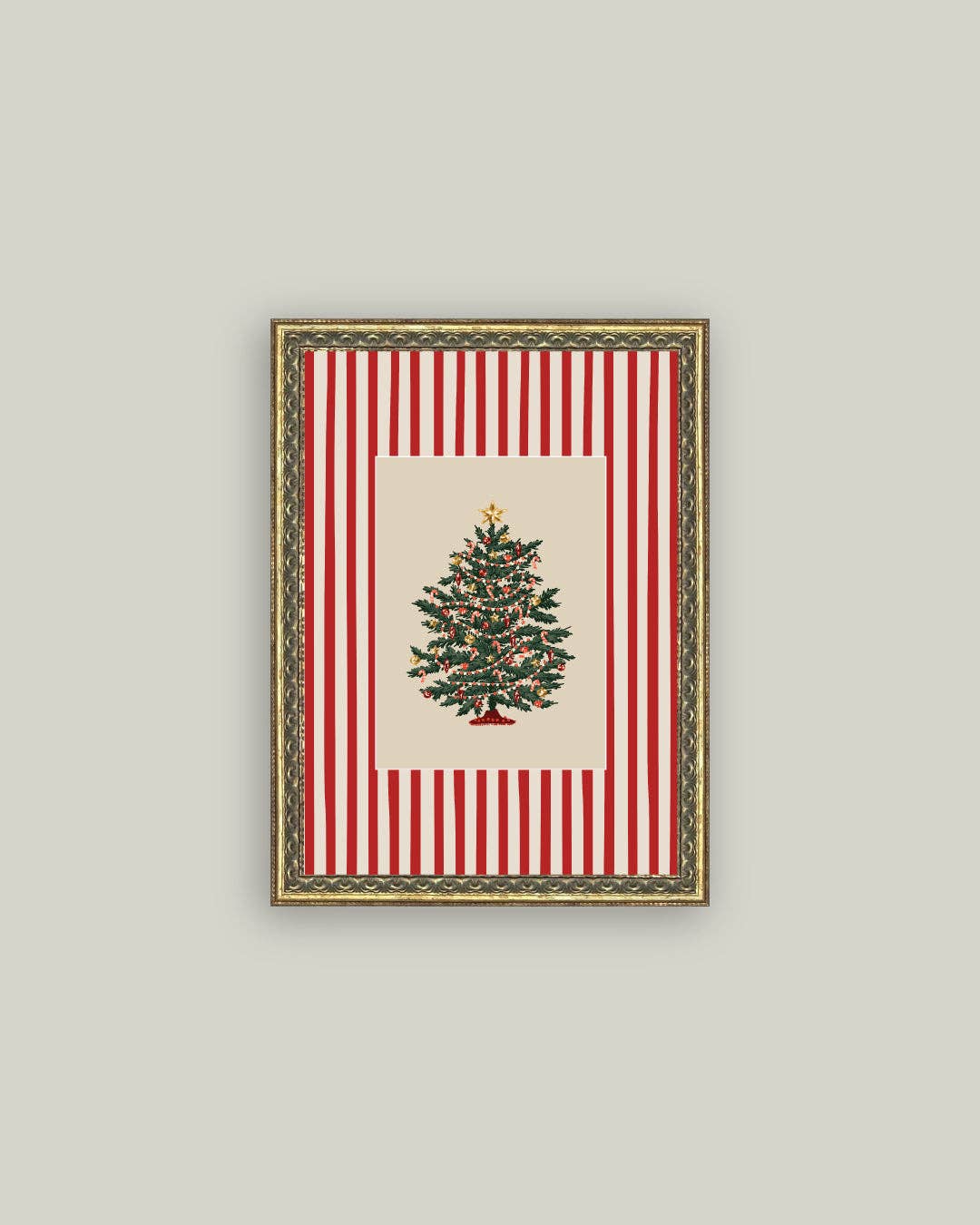 Peppermint Stripe Tree Framed Antique Art, Feathered Farmhouse