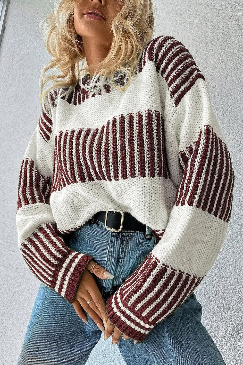Brown Striped Sweater, Feathered Farmhouse