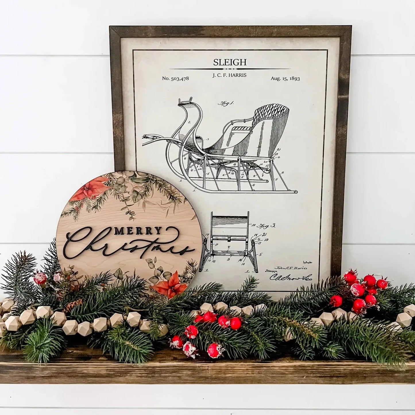 Vintage Patent Christmas Wall Decor, Feathered Farmhouse