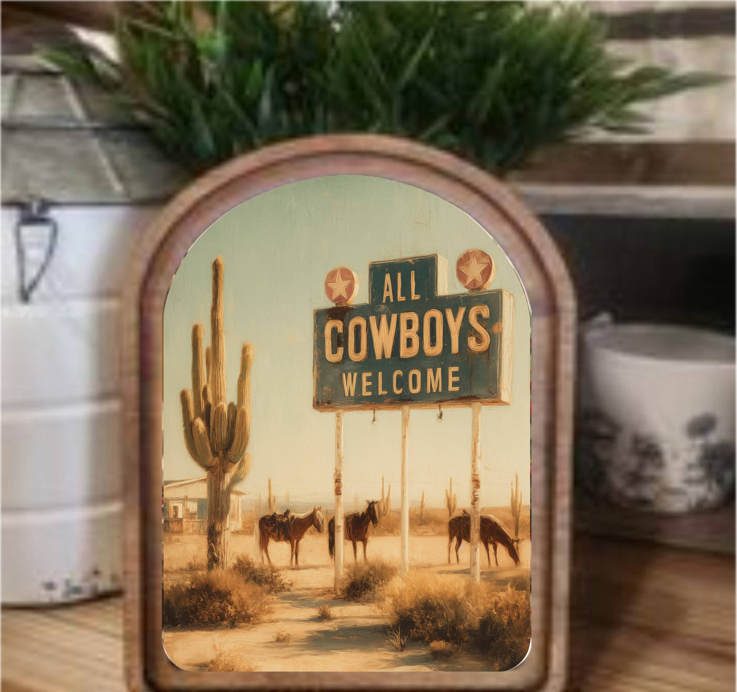 All Cowboys Welcome Framed Arch, Feathered Farmhouse