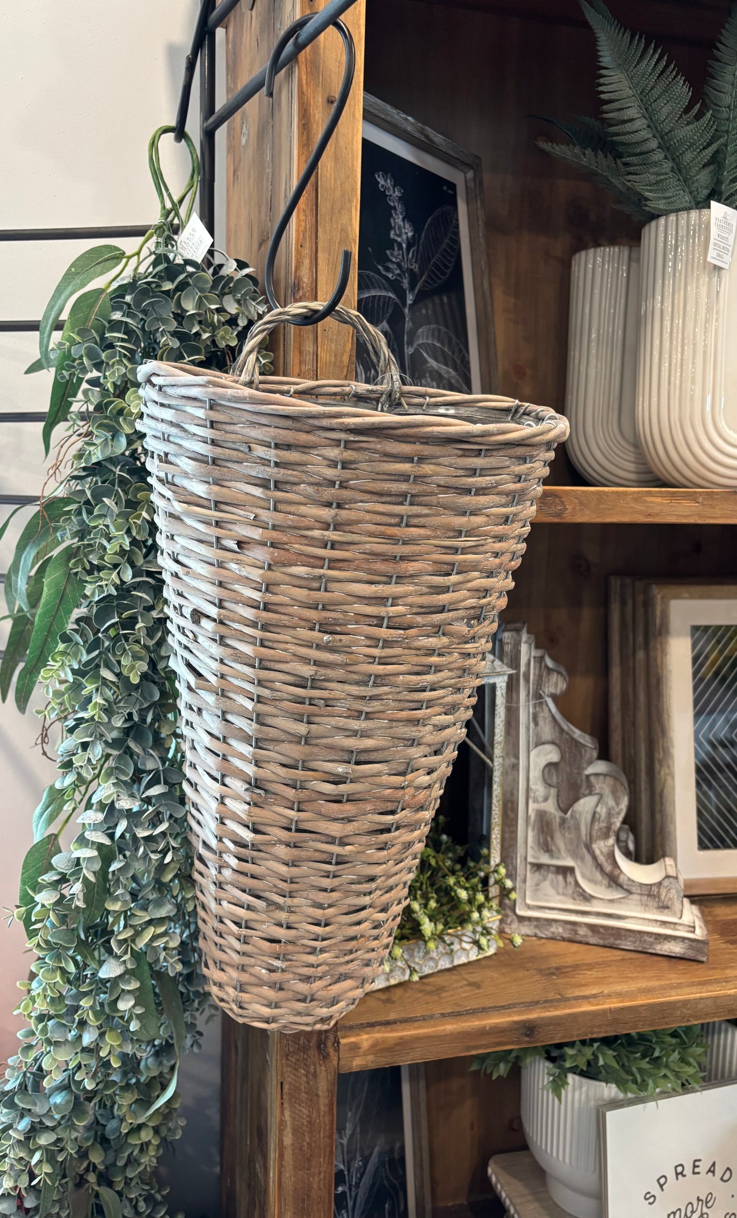 Tapered Willow Hanging Basket, Feathered Farmhouse