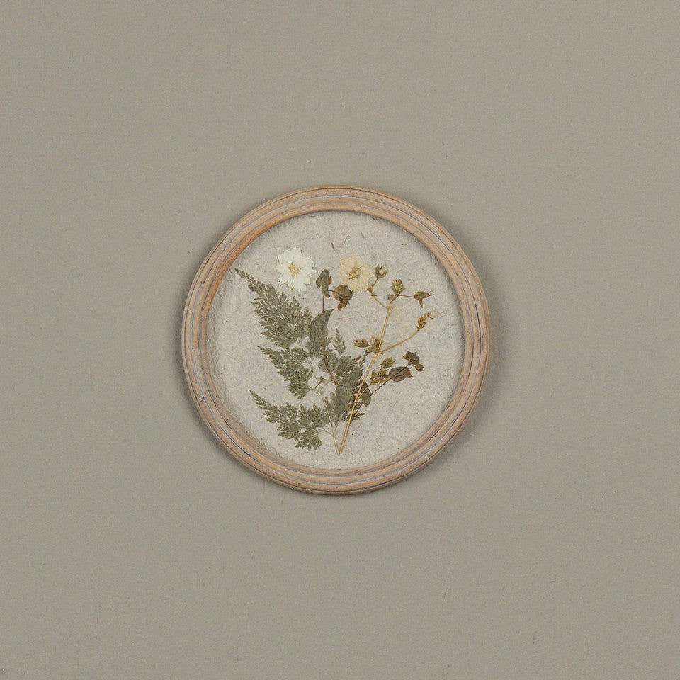 Pressed White Flower in Round Frame, Feathered Farmhouse