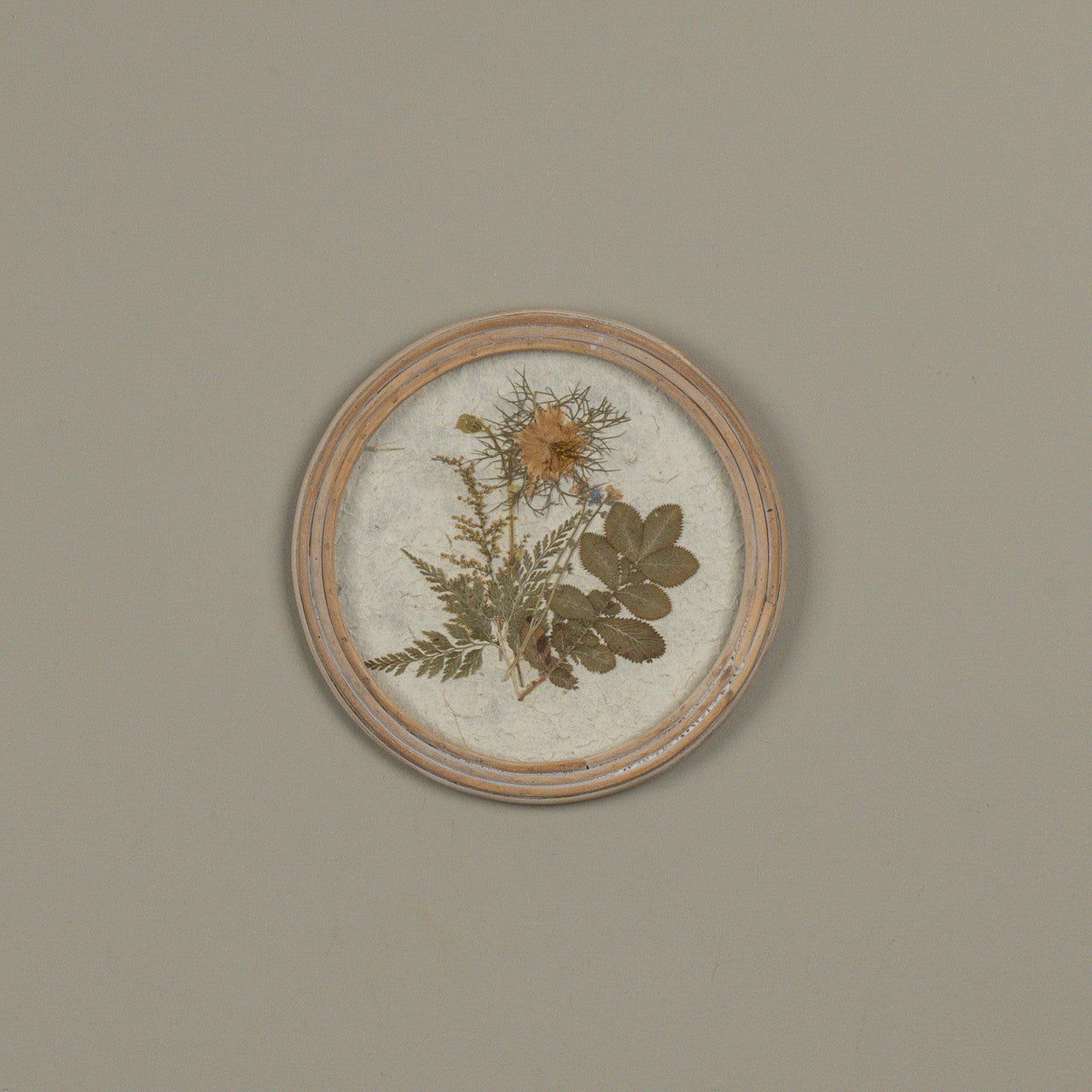 Pressed Tan Flower in Round Frame, Feathered Farmhouse