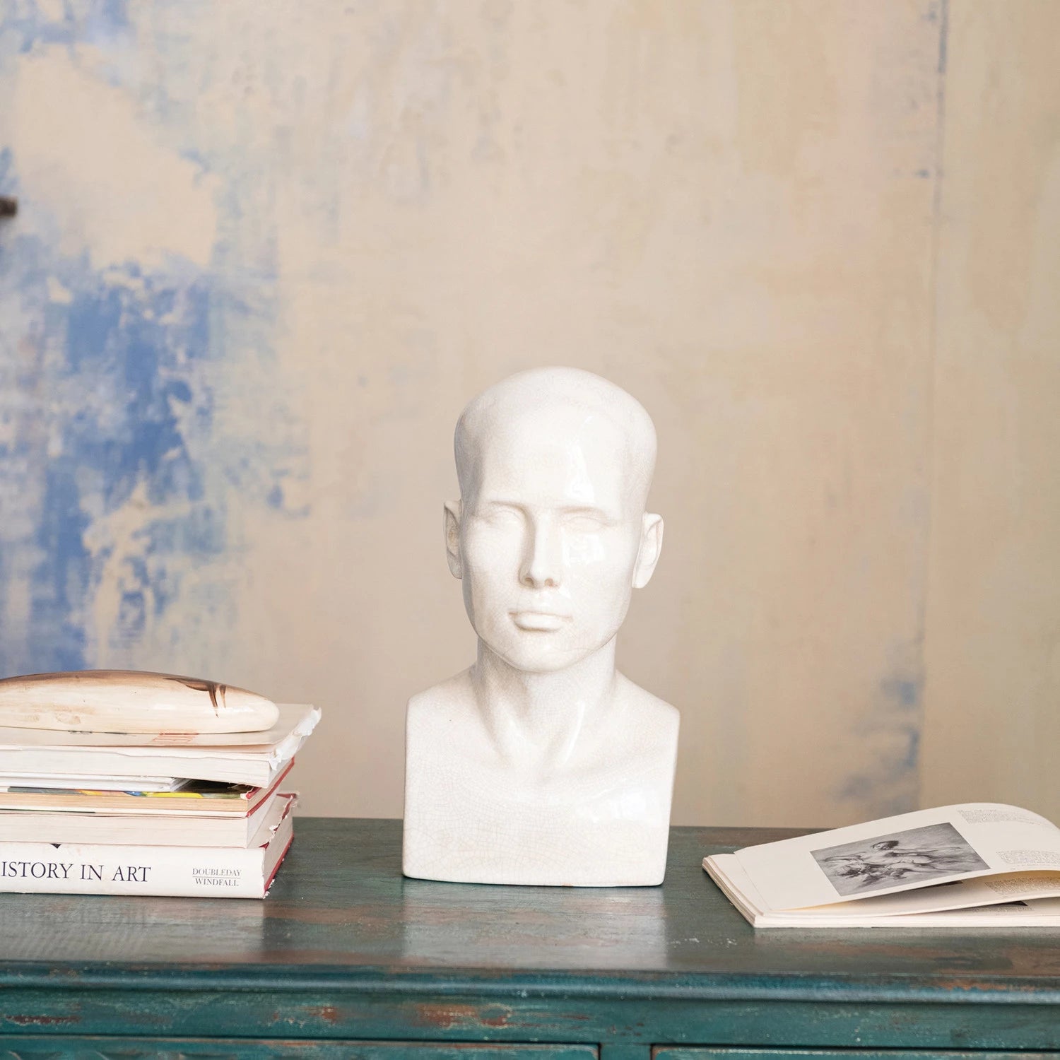 Stoneware Vintage Reproduction Bust, Feathered Farmhouse