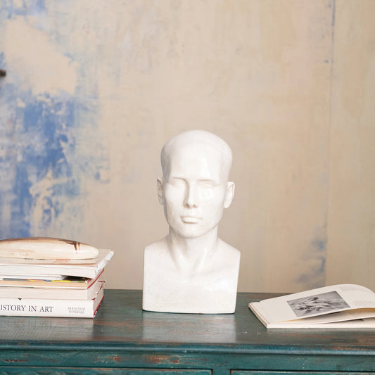 Stoneware Vintage Reproduction Bust, Feathered Farmhouse
