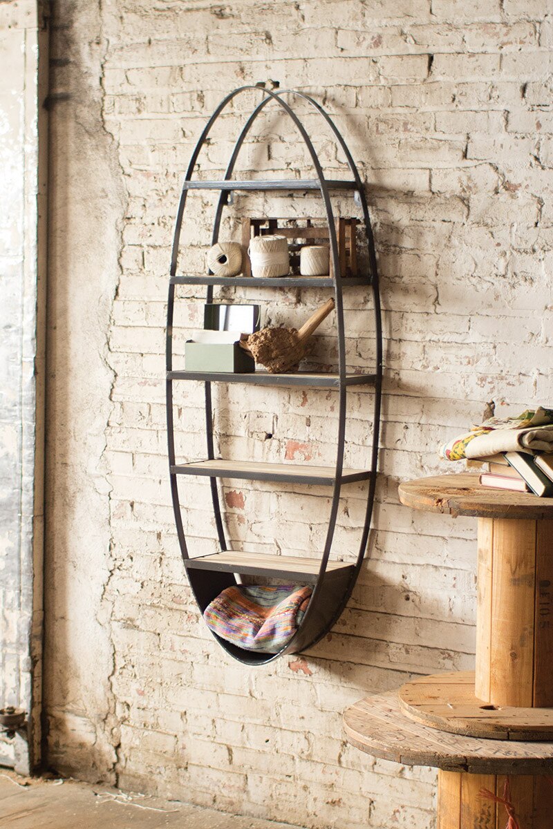 Wood and Metal Oval Wall Shelf, Feathered Farmhouse