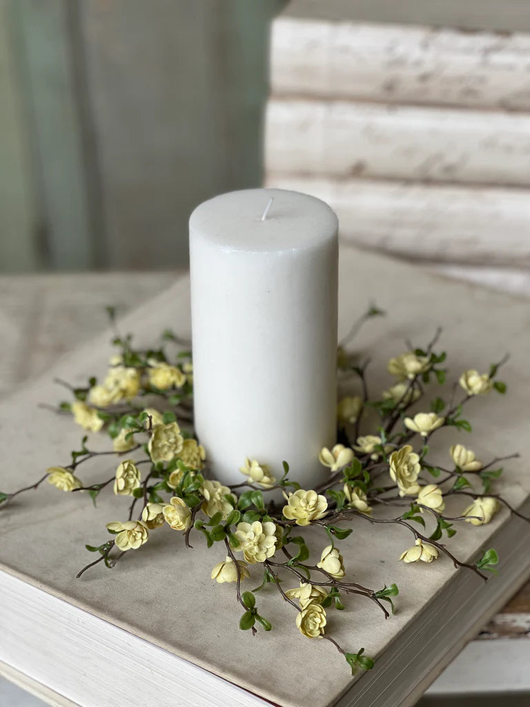 Cream Quince Blooms Candle Ring, Feathered Farmhouse
