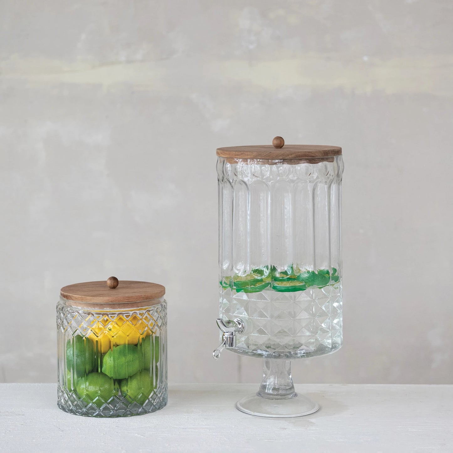 Glass Footed Beverage Dispenser, Feathered Farmhouse
