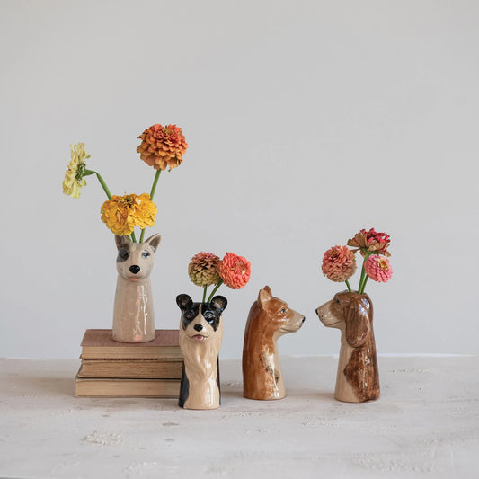 Hand-Painted Stoneware Dog Vase, Feathered Farmhouse