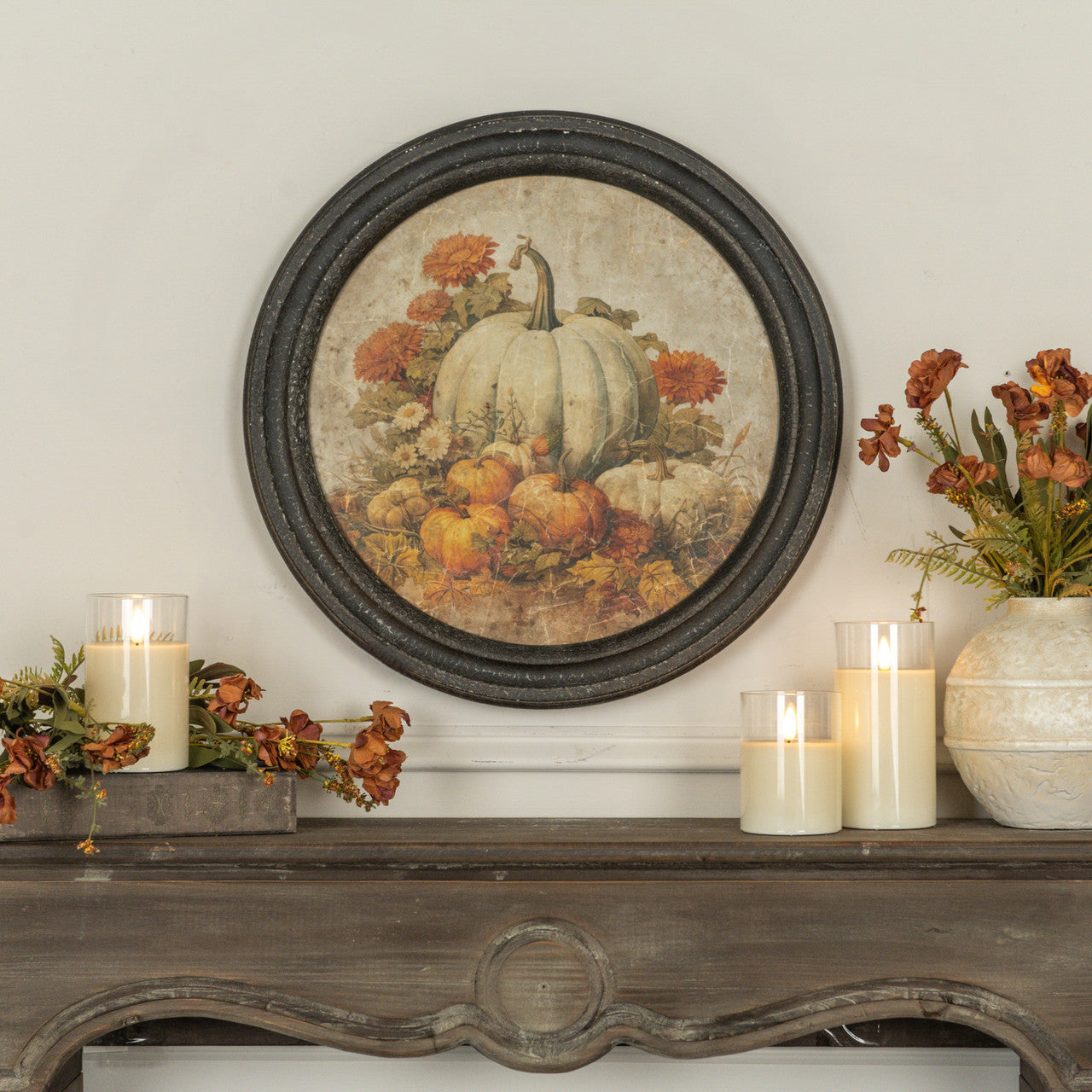 Round Framed Pumpkin Patch Art, Feathered Farmhouse