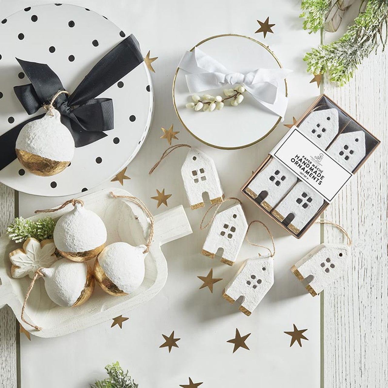 Paper-Mache House Ornaments, Feathered Farmhouse