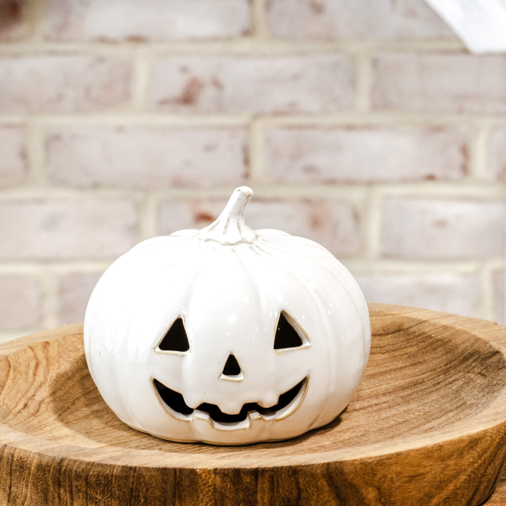 White Ceramic Jack-O-Lantern, The Feathered Farmhouse