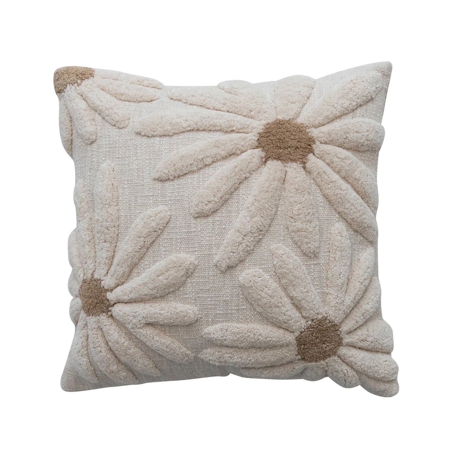 Square Cotton Slub Pillow with Tufted Flowers, Feathered Farmhouse