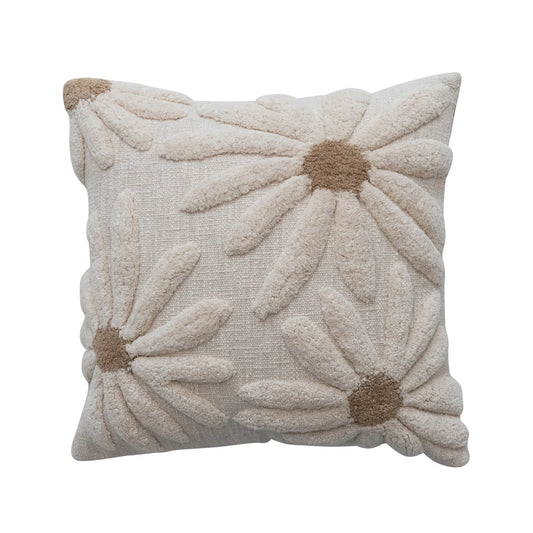 Square Cotton Slub Pillow with Tufted Flowers, Feathered Farmhouse