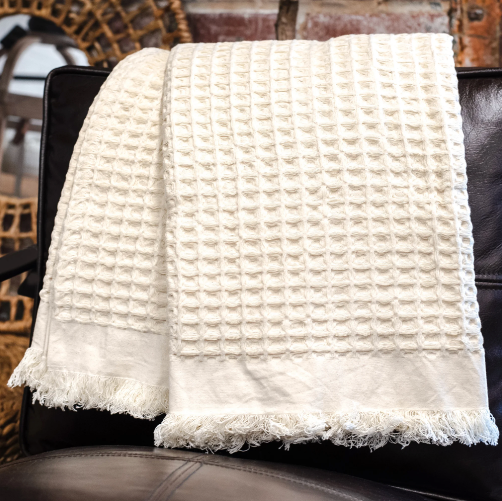 Whtie Waffle Fringe Throw, The Feathered Farmhouse