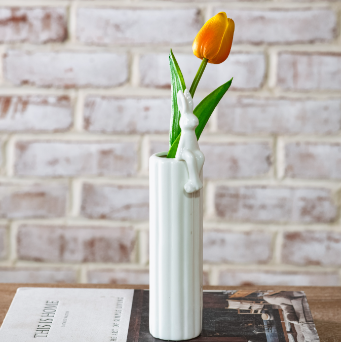 White Skinny Bunny Vase, Feathered Farmhouse