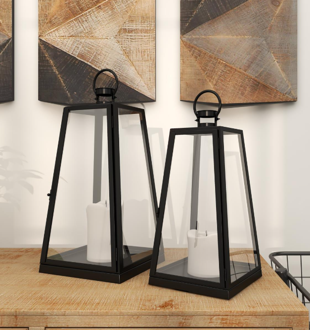 Black Metal Candle Lantern, Feathered Farmhouse