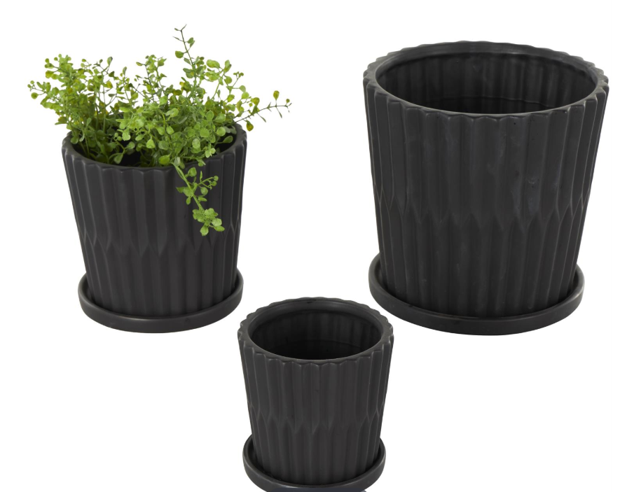 Black Ribbed Planter with Saucer, Feathered Farmhouse