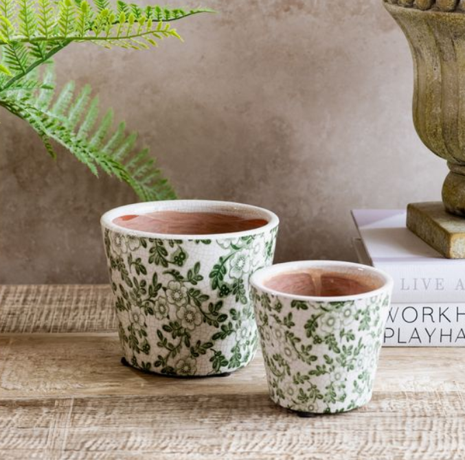 Green Blossom Print Flower Pot, Feathered Farmhouse