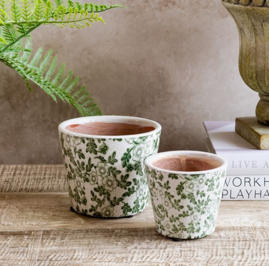 Green Blossom Print Flower Pot, Feathered Farmhouse