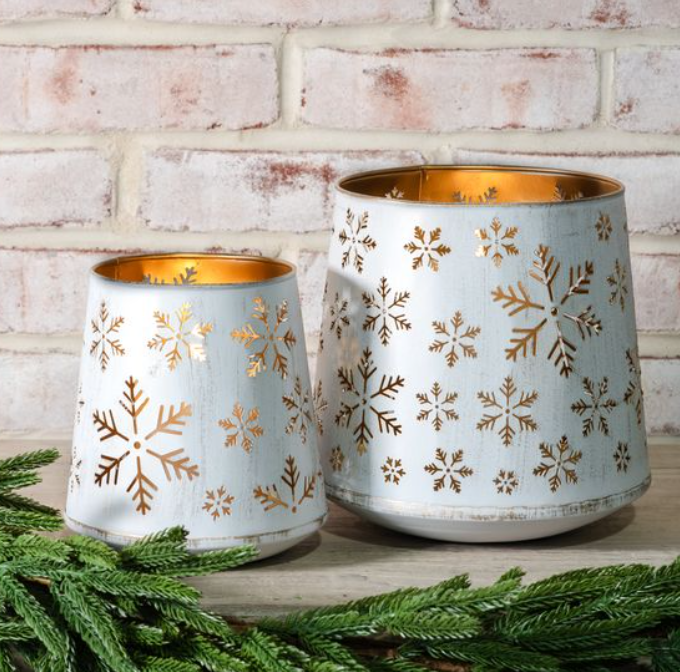 White + Gold Tin Snowflake Lanterns, Feathered Farmhouse