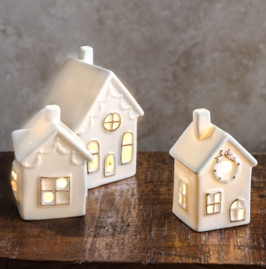 White Mini LED Houses, Feathered Farmhouse