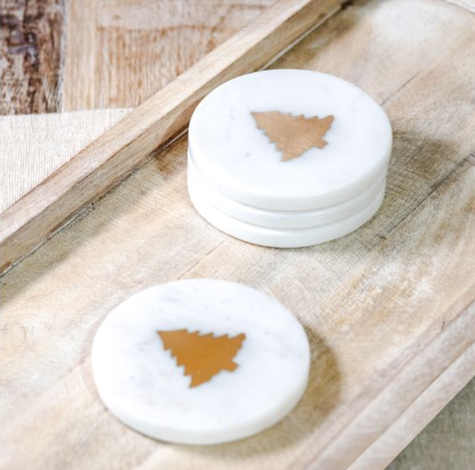 Gold Christmas Tree Marble Coasters, Feathered Farmhouse