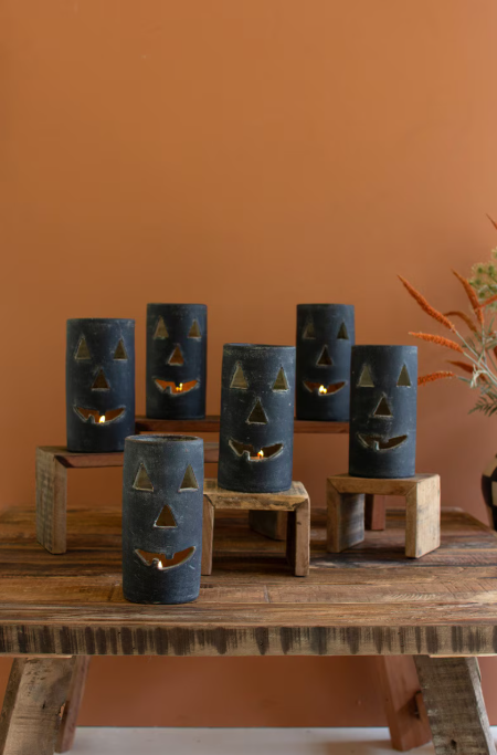 Tall Black Clay Jack-O-Lantern, Feathered Farmhouse