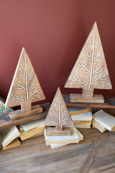 Carved Wood Christmas Trees, Feathered Farmhouse