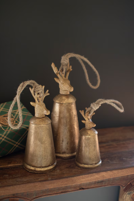 Christmas Bells with Deer Finials, Feathered Farmhouse
