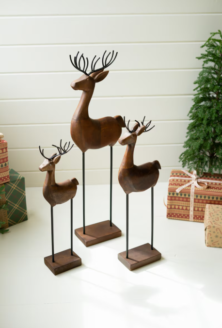 Carved Wood and Iron Reindeer on Bases, Feathered Farmhouse