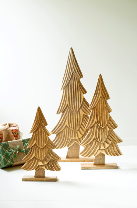 Carved Mango Wood Christmas Trees, Feathered Farmhouse