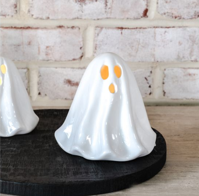 White LED Ceramic Flowy Ghost, Feathered Farmhouse