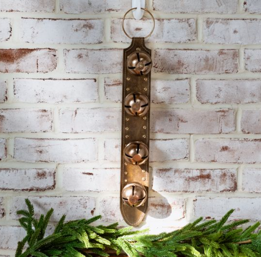 Brass Antique Bells on Leather Strap, Feathered Farmhouse